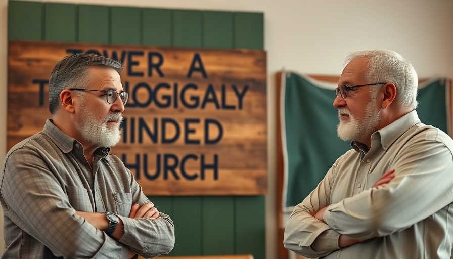 Two men discuss theology with a theologically minded church backdrop.