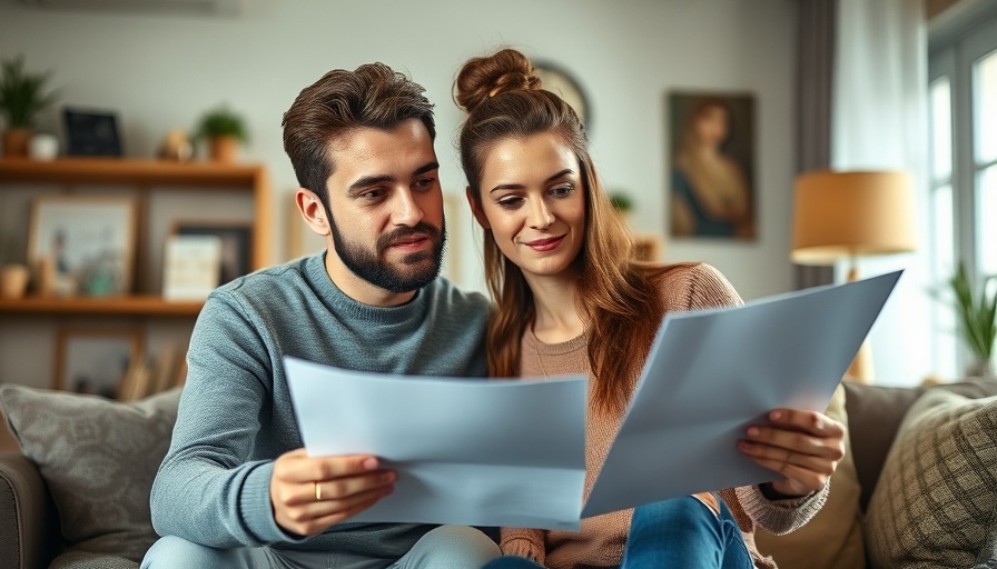 Modern couple reviewing home purchase documents in a cozy living room.
