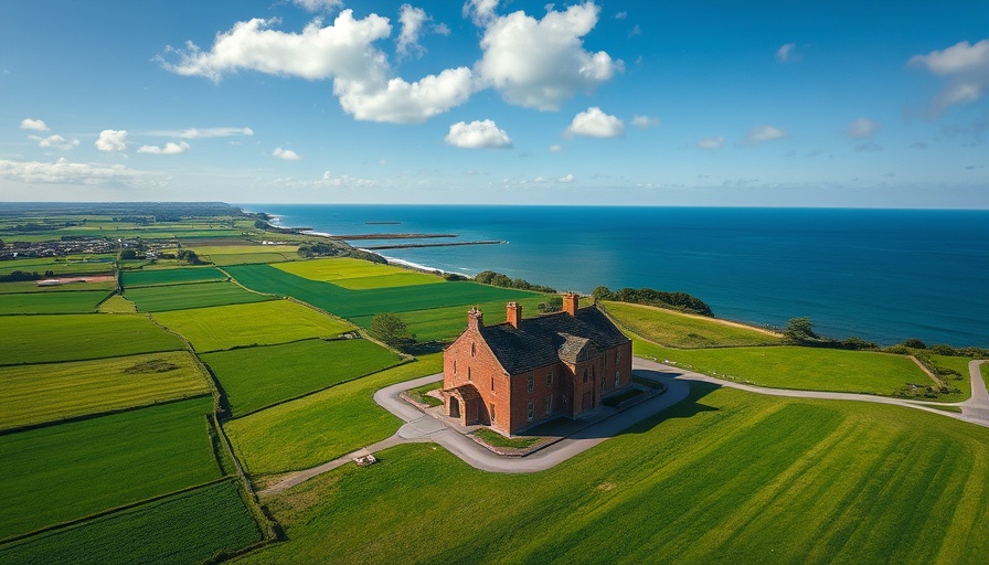 Aerial view of large building near coast, possible redevelopment site.