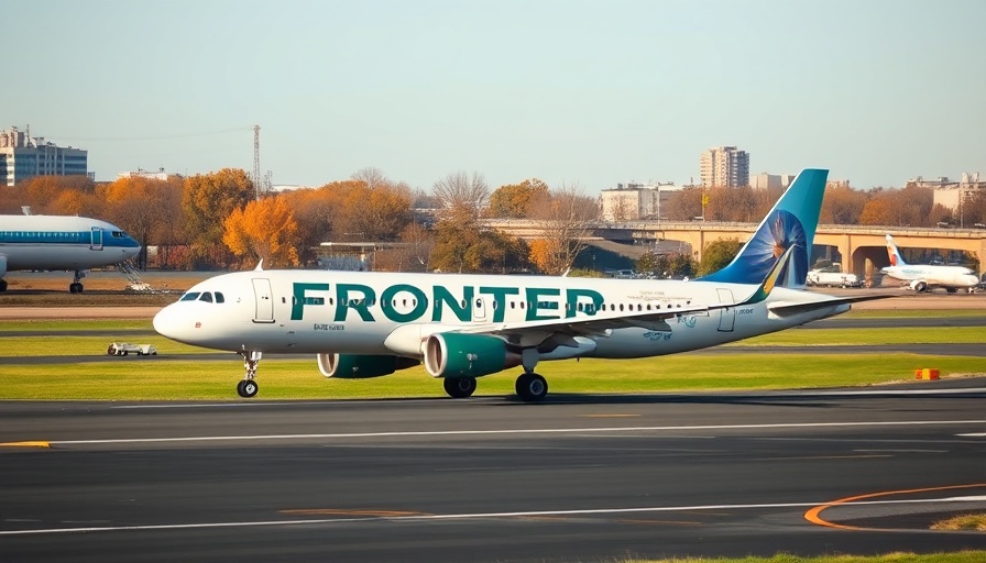 Frontier Airlines plane on runway; free checked bags promotion.