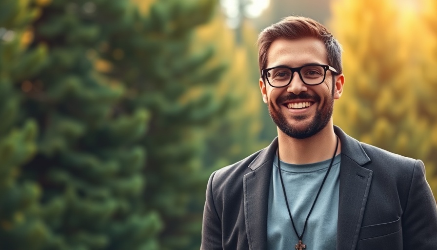 Smiling man with glasses and cross necklace, vibrant nature backdrop, redemption after prison.