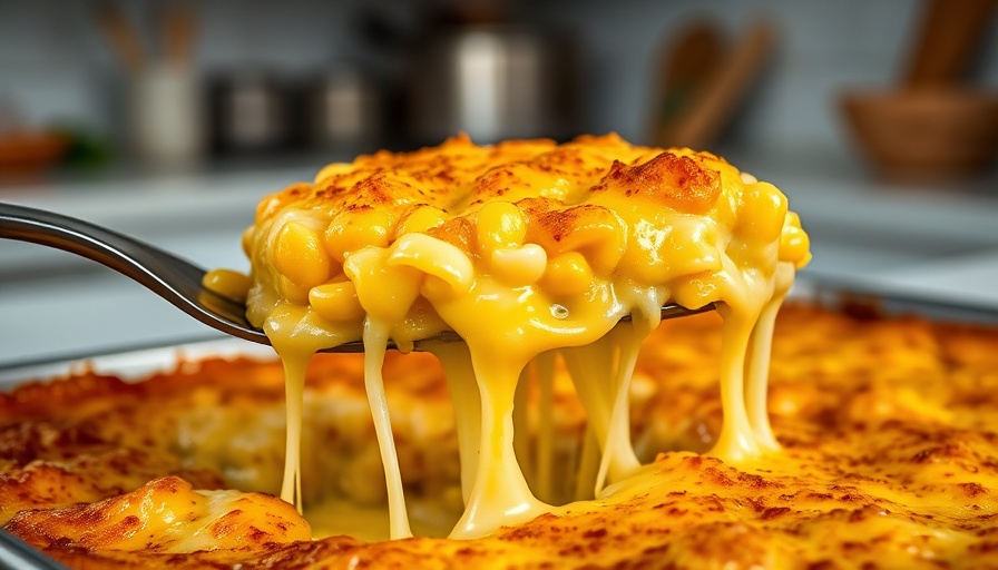 Cheesy corn casserole lifted with spatula in bright kitchen.