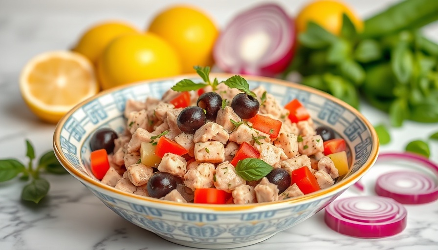 Italian Tuna Salad in a patterned bowl, garnished with fresh herbs and olives.