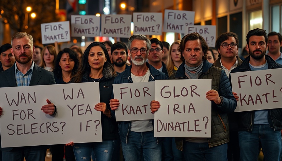 Protest group holds signs, serious expressions, at night.
