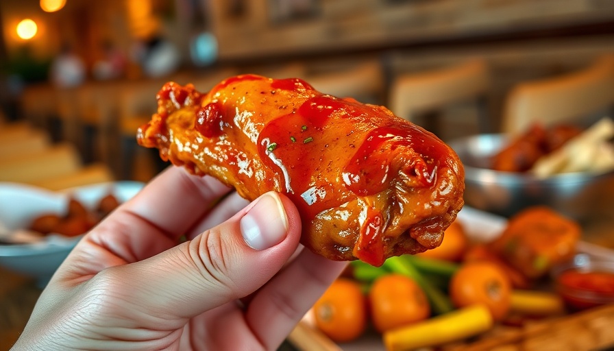 Chicken wing close-up in March Madness food deals setting.