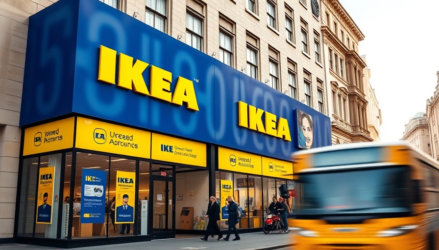 IKEA Oxford Street vibrant storefront with blue banners and passing vehicles.