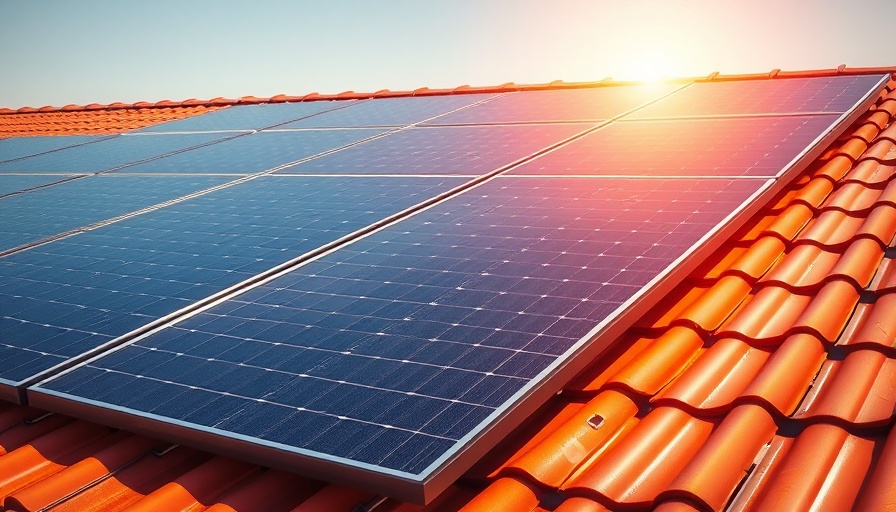 Reflective solar panels on a tiled roof under bright sunlight.
