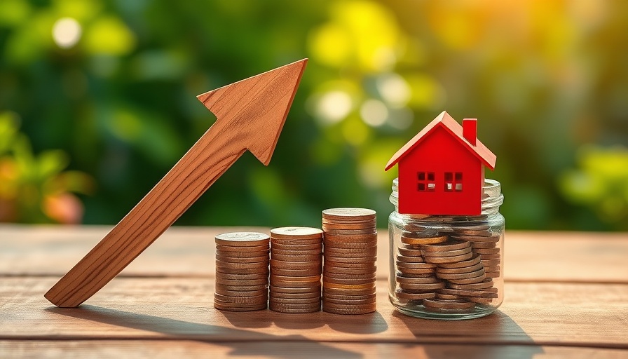 Symbol of UK house price growth with coins and arrow.