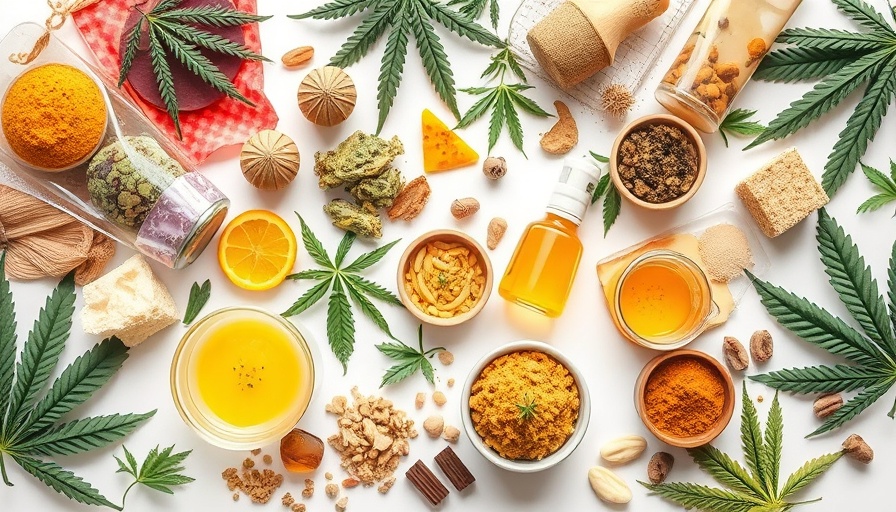 Colorful hemp-infused products displayed creatively on white background.