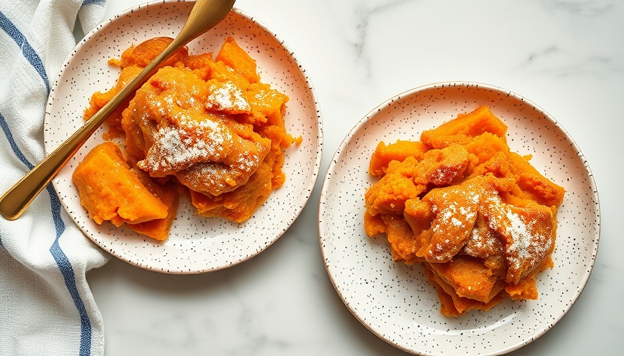 Easy potluck recipe featuring sweet potato casserole on plates.