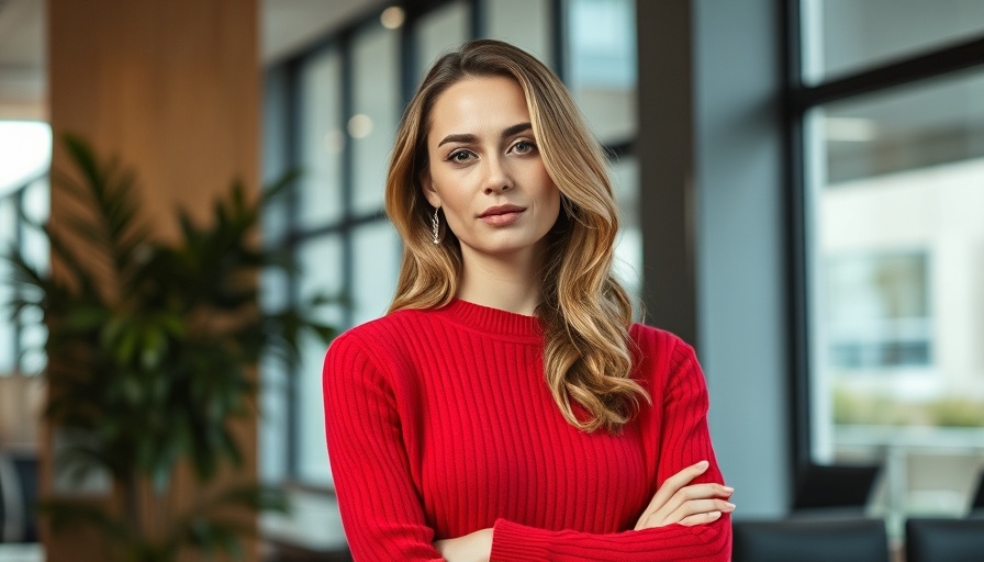 Confident woman in red sweater, relaxed in modern office setting.