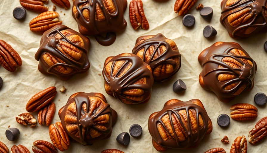 Pecan turtles recipe with chocolate and caramel on parchment paper.