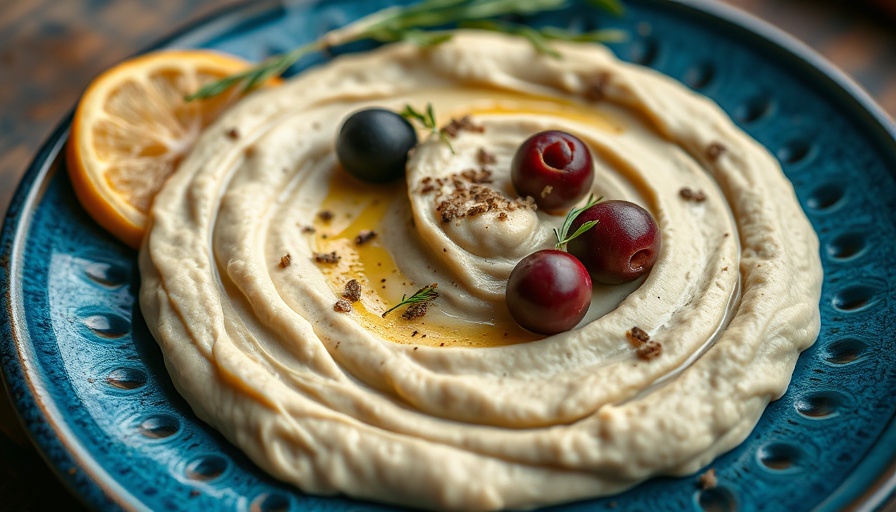 Oil-free hummus recipe with olives and herbs on a blue plate.