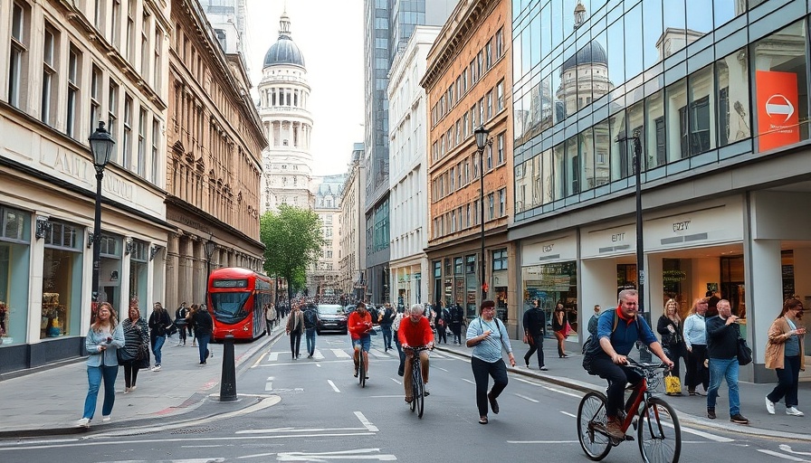 Bustling London street near Bank of England, modern and classic buildings.