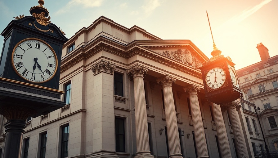 Bank of England façade with clock and sunlight.