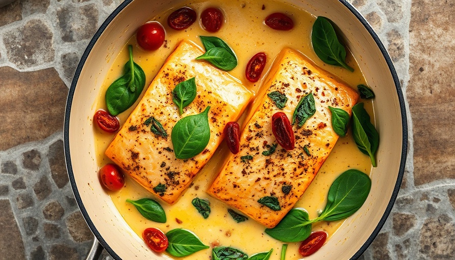 Cream Tuscan Salmon fillets simmering in creamy sauce.