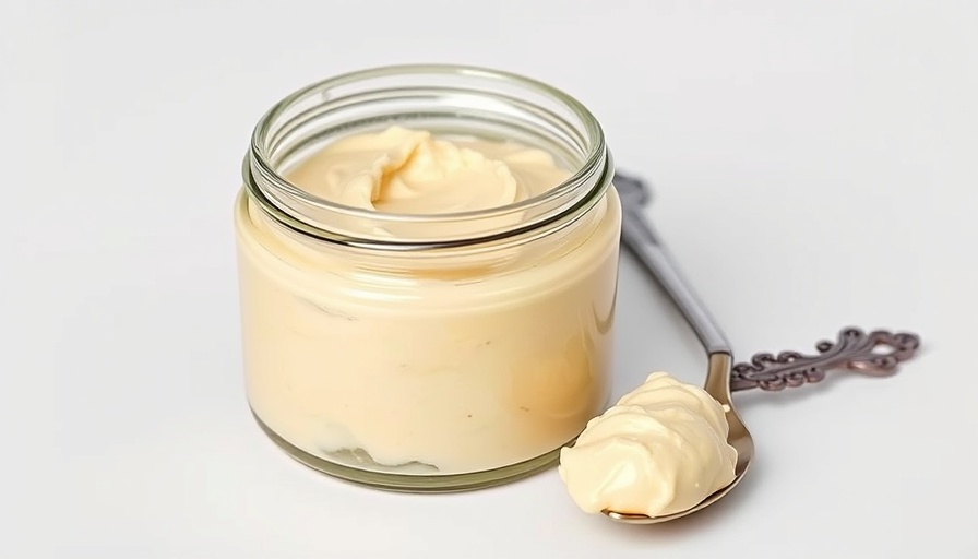 Creamy miso butter in a jar with a decorative spoon, top view.