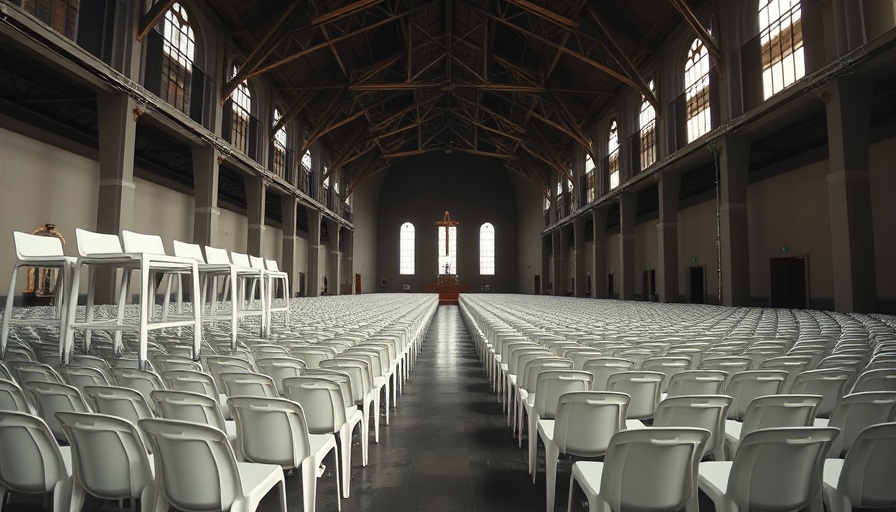 Navigating Church Growing Pains amid stacked chairs in a large church space.