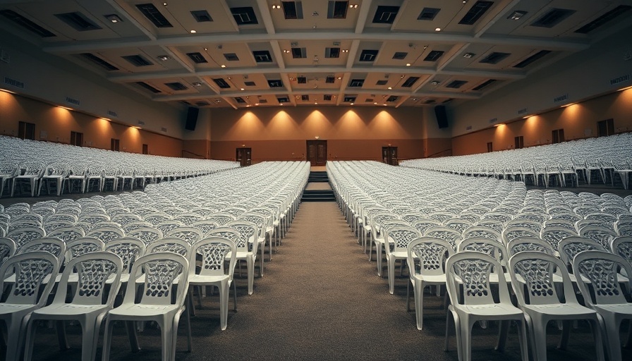 Empty church auditorium with stacked chairs symbolizing growing pains in community.