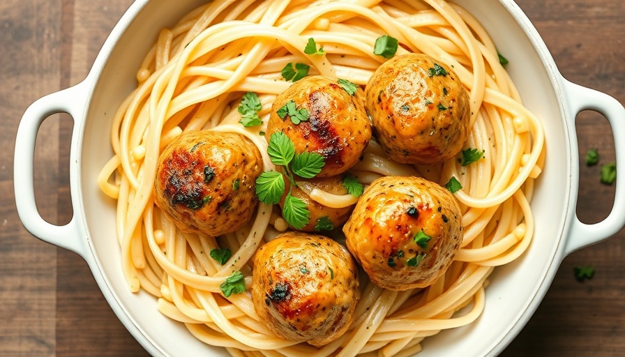 Chicken meatballs with orzo in creamy sauce, garnished with herbs.