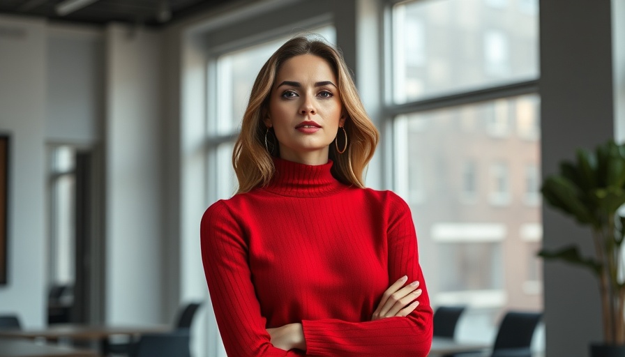 Elegant woman in a red sweater in an office setting, Corporate Gifting on a Bootstrapped Budget.