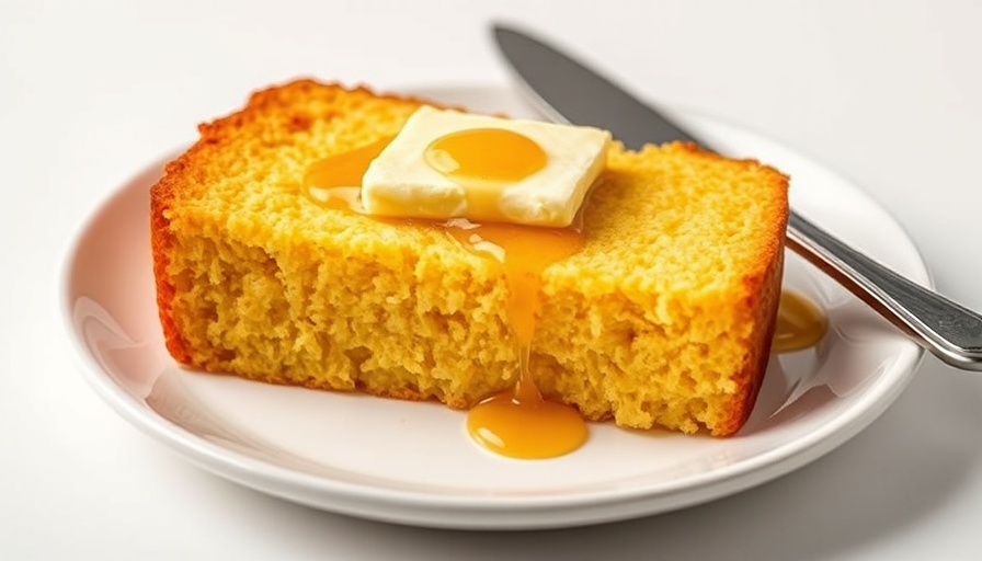 Golden cornbread slice with butter and honey on plate