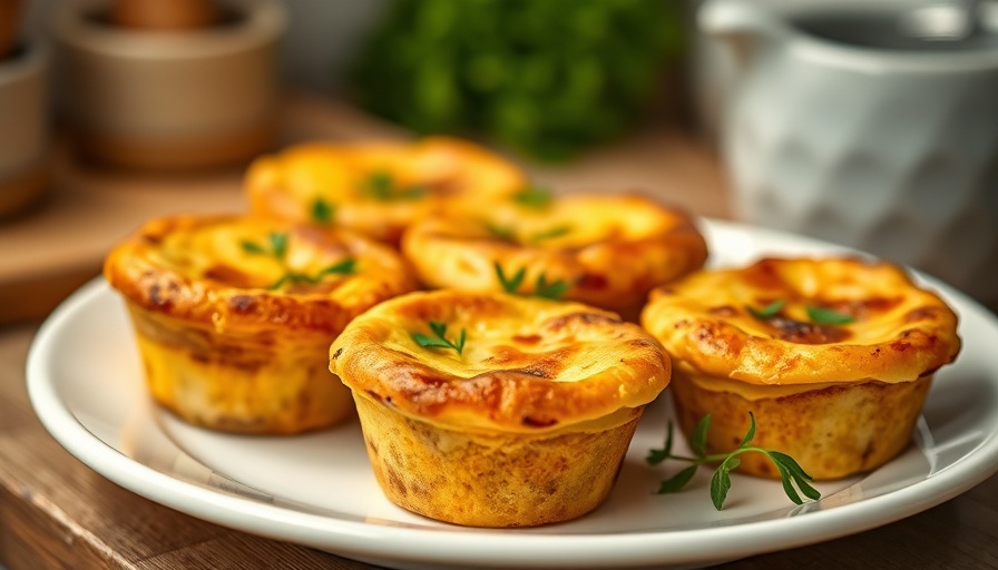 Golden Quiche Lorraine mini muffins with herbs on a plate.