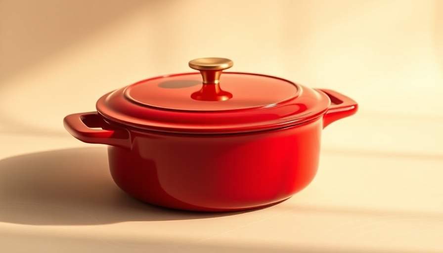 Glossy red lightweight casserole dish with gold knob on cream background