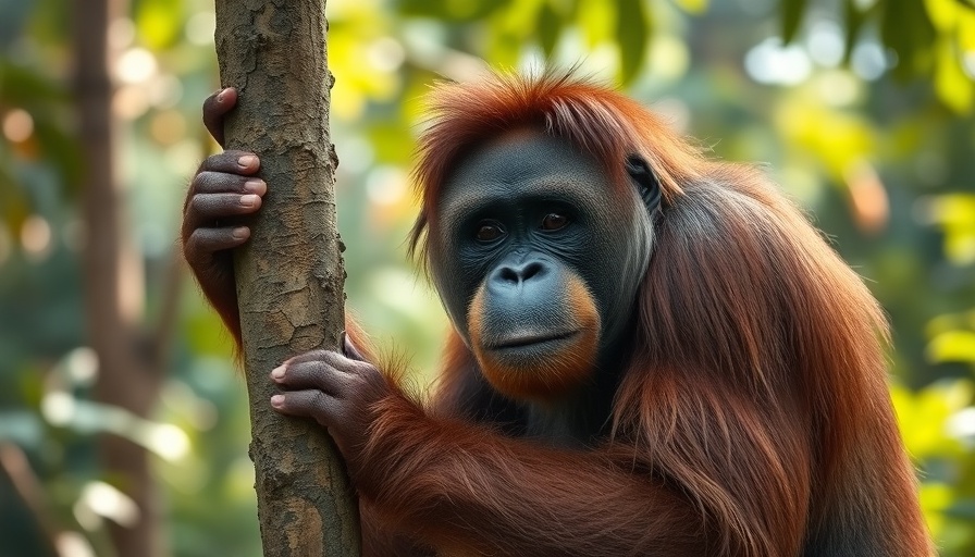 Thoughtful orangutan in rainforest reflects wild orangutan relocation risks.