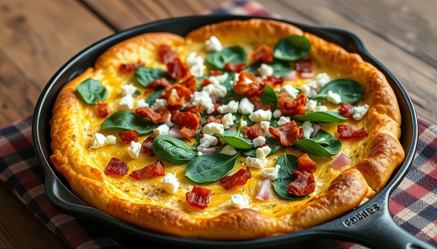 Bacon and Feta Dutch Baby with fresh spinach on wooden table.