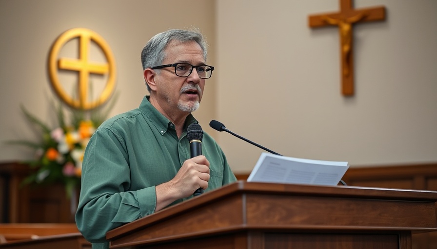 Middle-aged man speaks at church about freedom in Christ.