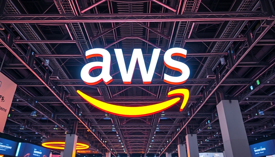 Illuminated AWS logo at tech convention with vibrant lighting.