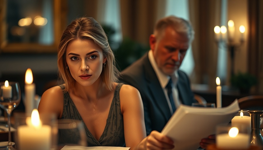 Pensive woman and observing man in warm, candlelit setting.