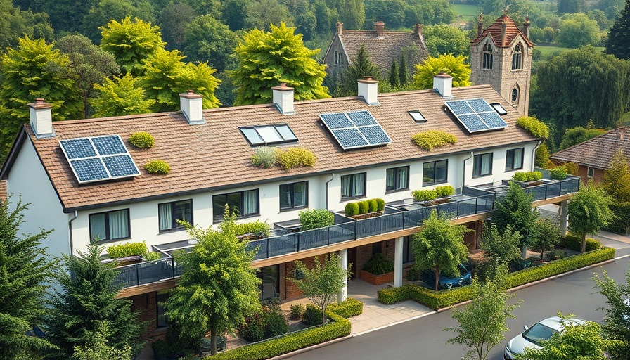 Modern eco-friendly townhouses with rooftop gardens and solar panels