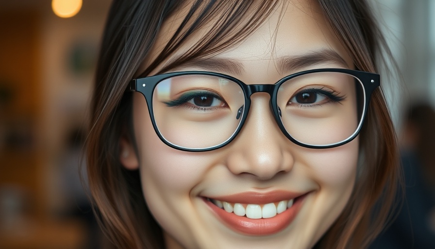 Young woman smiling warmly indoors, close-up with glasses.