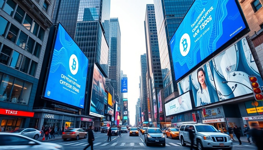 Crypto derivatives market acquisition billboard in vibrant cityscape.