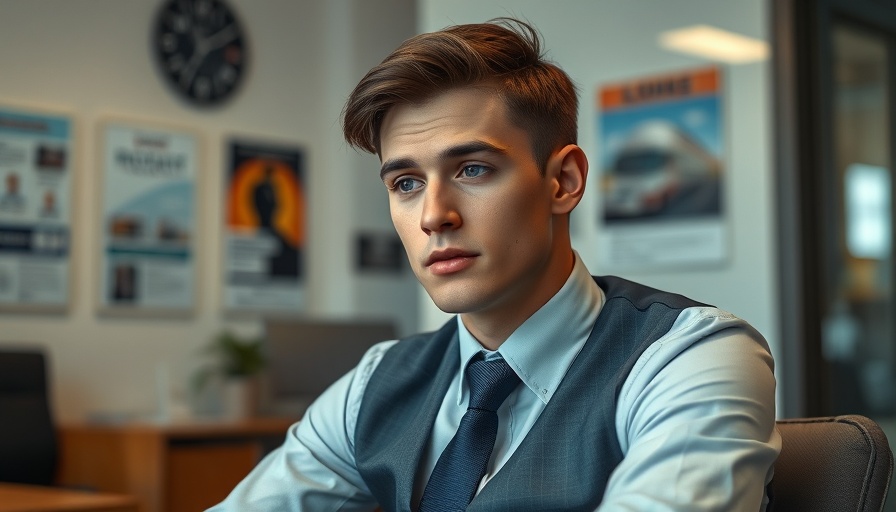 Young man in suit at desk, posters in office background.
