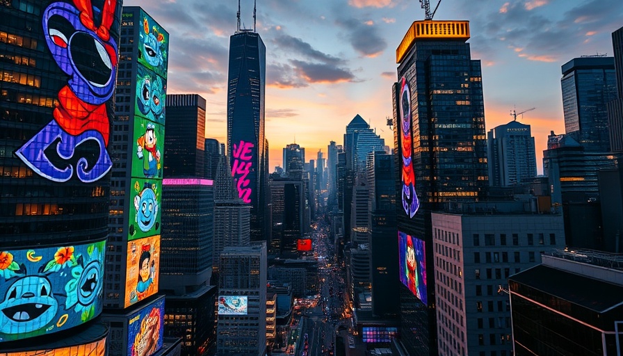 Illuminated skyscrapers in a vibrant cityscape with animated projections.