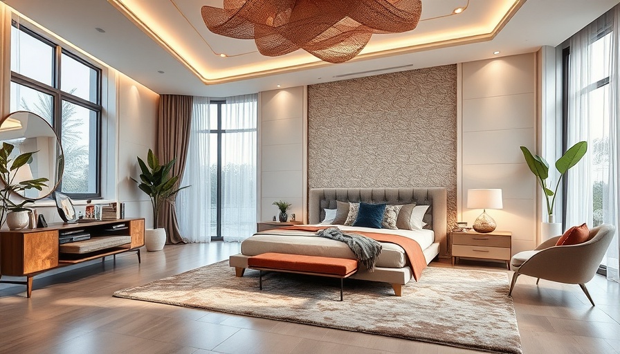 Elegant bedroom with patterned headboard trend 2025, cozy ambiance.