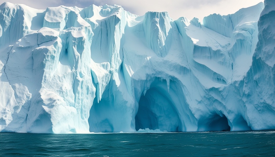 Melting glaciers impact on food and water supply with ice waterfall cascading into ocean.