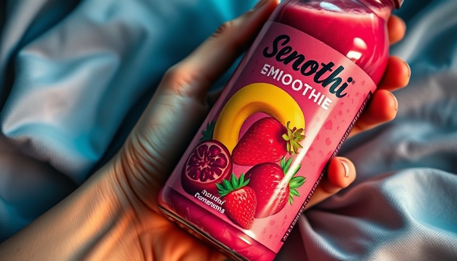 Close-up of smoothie bottle with pink and white chunks.
