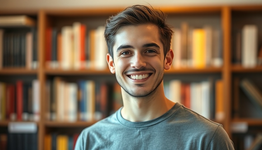Smiling man with glasses in front of bookshelves, warm inviting atmosphere.