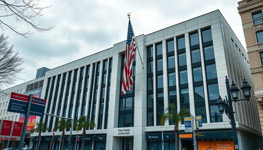 American embassy building in Israel with US flag, overcast