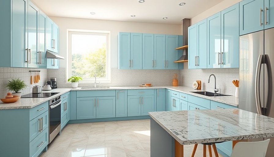 Contemporary kitchen featuring powder blue cabinets and natural lighting.
