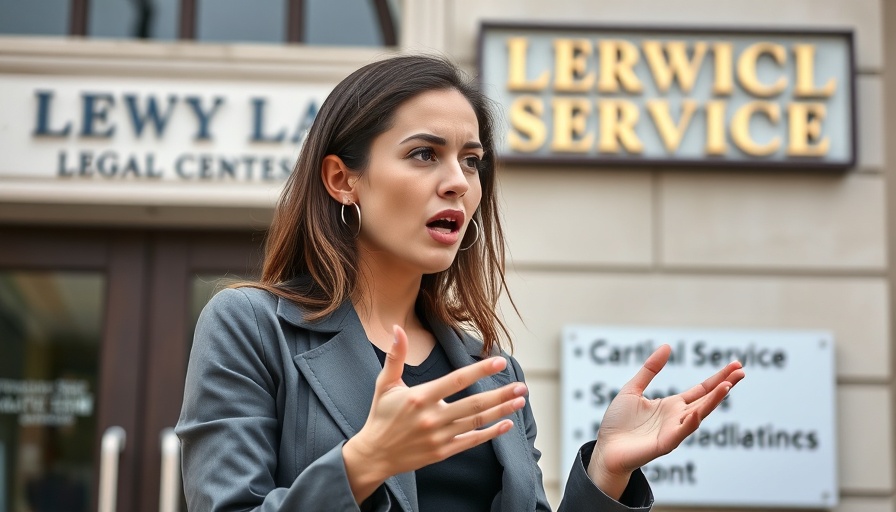 Young woman discussing bailiff regulation in the UK outside legal building.