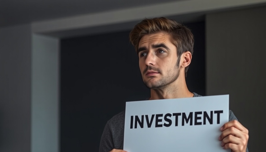 Man holding sign against property investment, thoughtful expression.