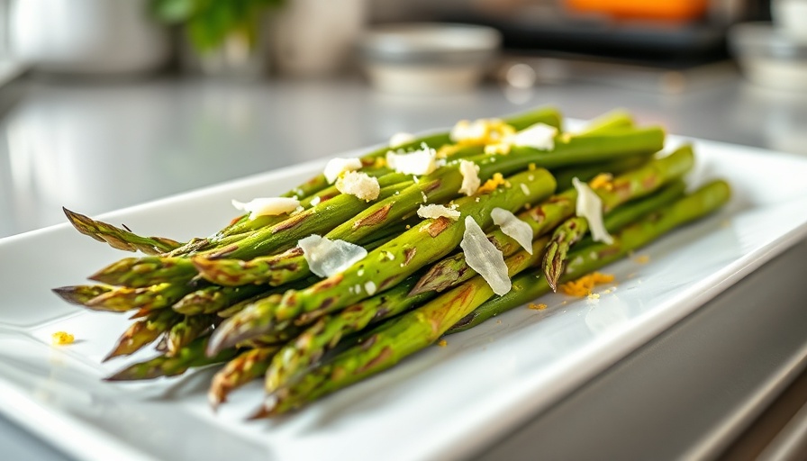 Foil packet grilled asparagus garnished with cheese and lemon zest on a white plate.