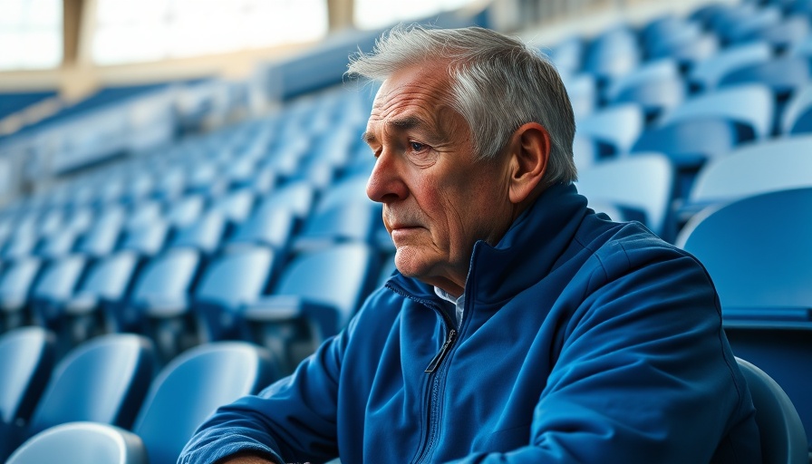 Elderly man in blue jacket contemplating in empty stadium, NHS surgery waiting times Scotland