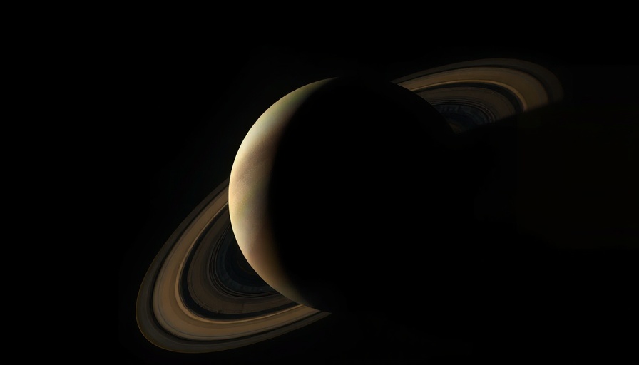 Enigmatic view of Saturn, casting ring shadows in space.