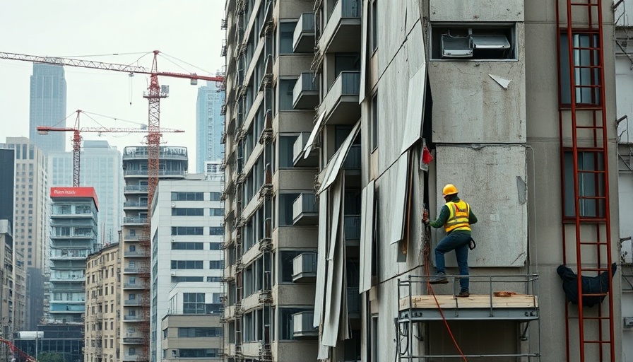 Detailed scene of UK building facade cladding removal.